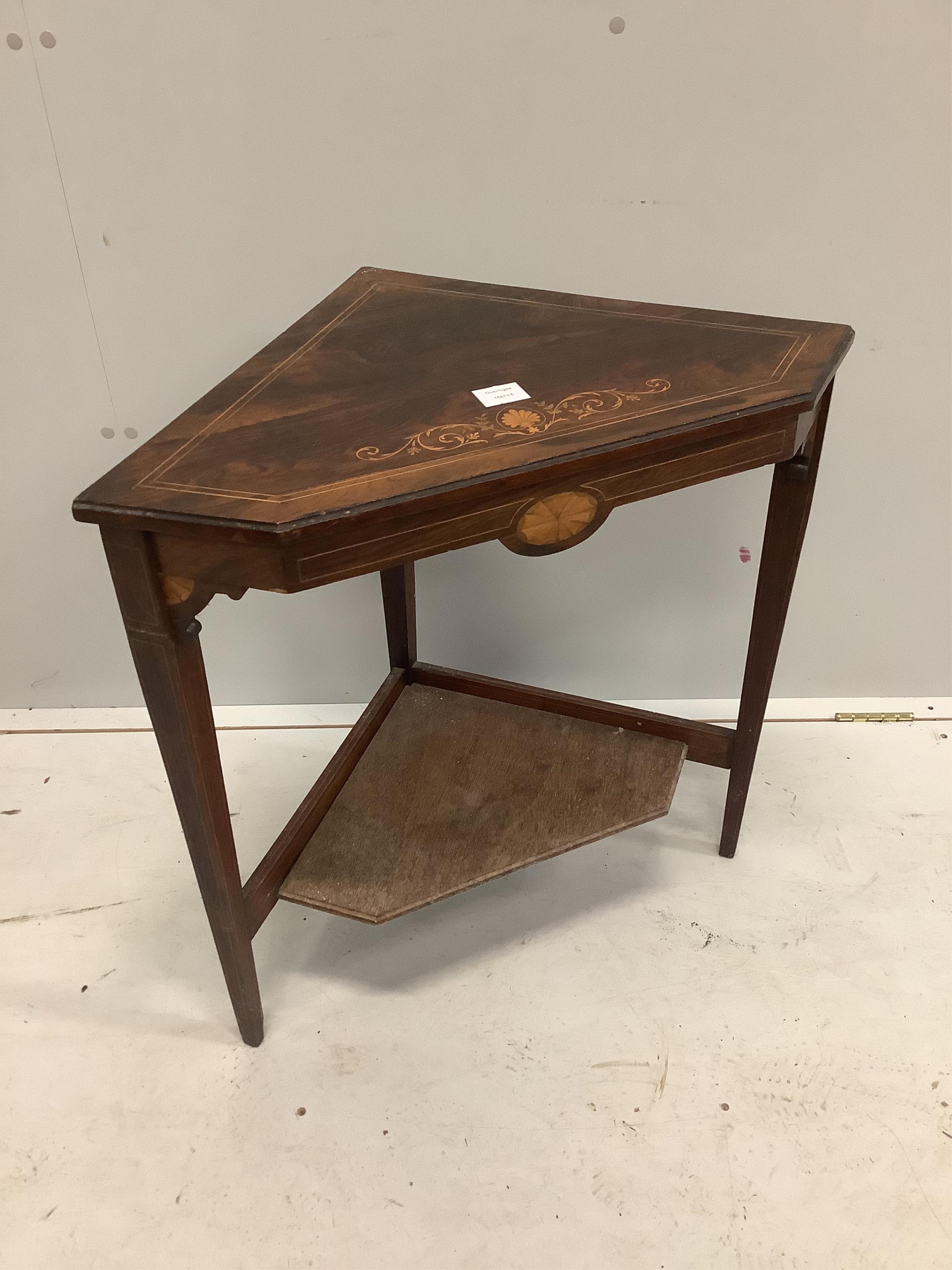 An Edwardian and later marquetry inlaid rosewood corner table, width 69cm, depth 44cm, height 70cm. Condition - poor to fair